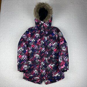 Y2K Monster High Jacket Hooded Coat Mattel 2015 Pink Skull Goth AOP Sz M (Read)